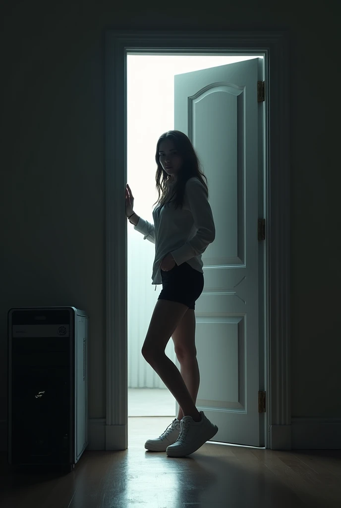 an open door a girl is standing on the threshold , 30 years, brunette, pretty, computer system unit