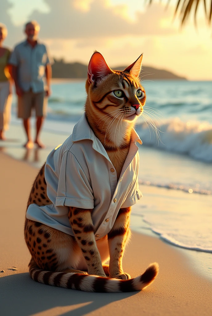 Spotted cat wearing a guayabera on a beach with an old couple