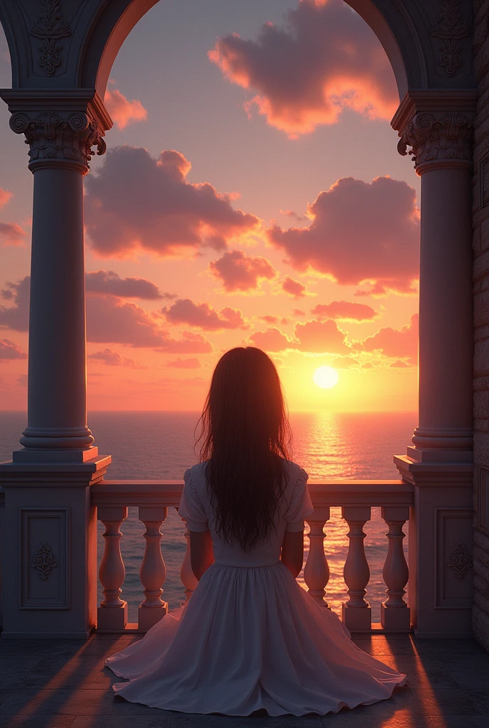 A 14 year old girl sitting in the ground bakc of the balcony of a victorian era watching the sunset in the sea with a white dress she wears facing backwards 