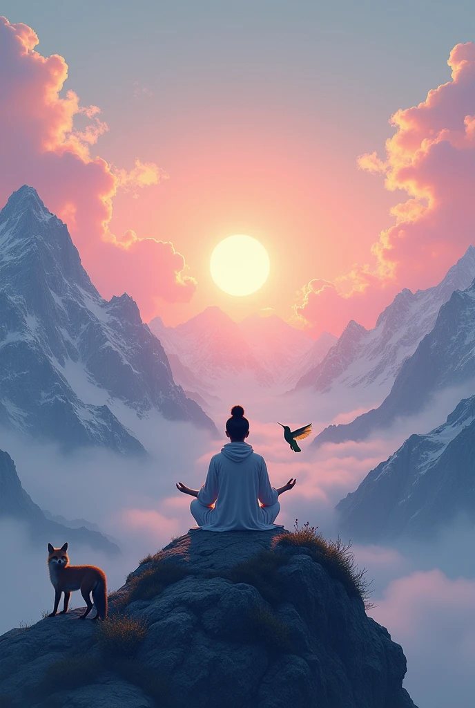 A person meditating on the mountain at sunrise, fox and hummingbird flying at dawn