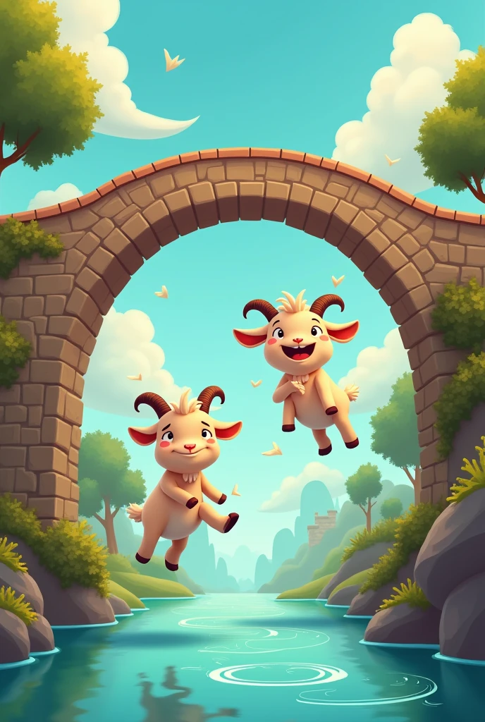 Cartoon two goat flaoting beneath thebridge