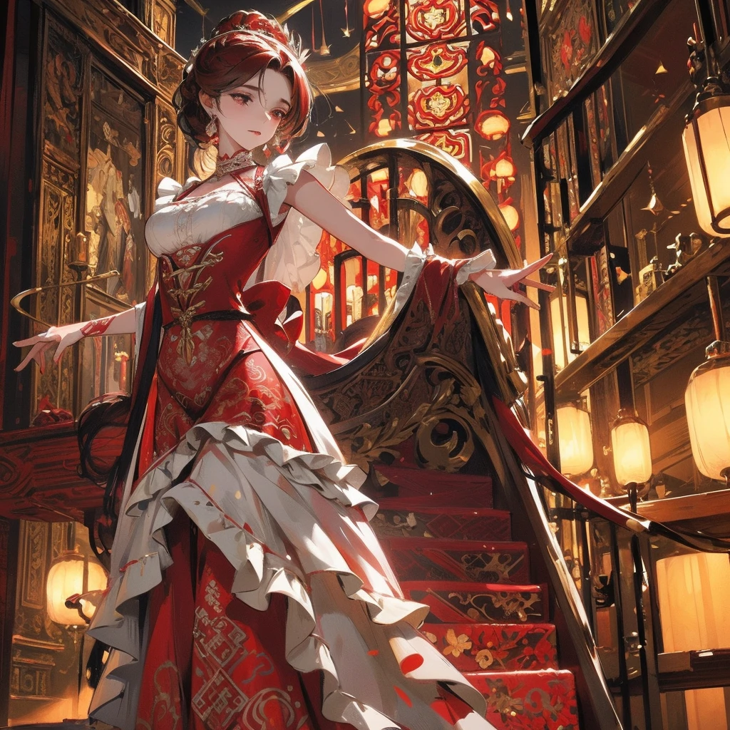 A costume design drawing of an elaborate flamenco dancer, with ornate patterns and ruffles in shades of burgundy reds and whites. . in the style of elegant --ar 3:4 --niji 6