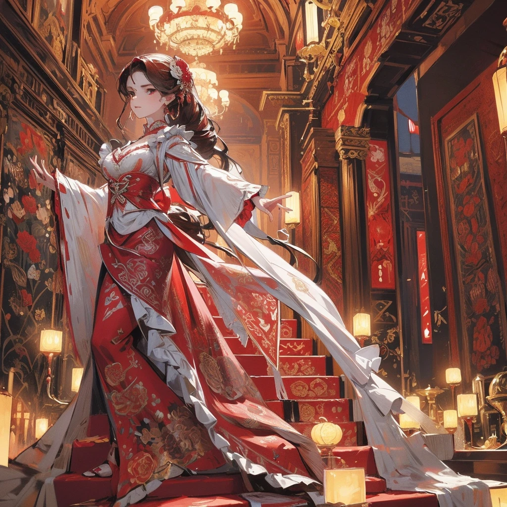 A costume design drawing of an elaborate flamenco dancer, with ornate patterns and ruffles in shades of burgundy reds and whites. . in the style of elegant --ar 3:4 --niji 6