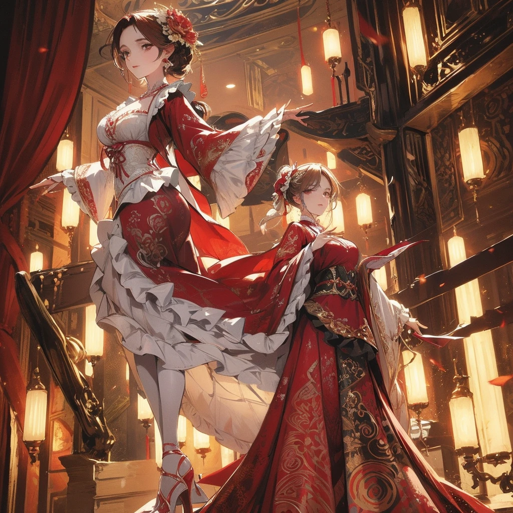 A costume design drawing of an elaborate flamenco dancer, with ornate patterns and ruffles in shades of burgundy reds and whites. . in the style of elegant --ar 3:4 --niji 6