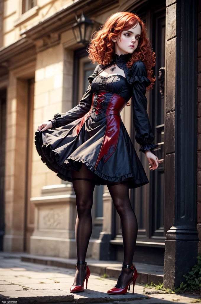 Emma Watson, vampire girl, very curly red hair, gothic clothes, blue pantyhose, high heels, sun shiny day