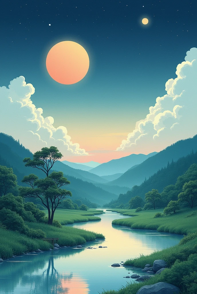 CREATE A JAPANESE ART WITH THE SUN COMING AND THE MOON DISAPPEARING 
