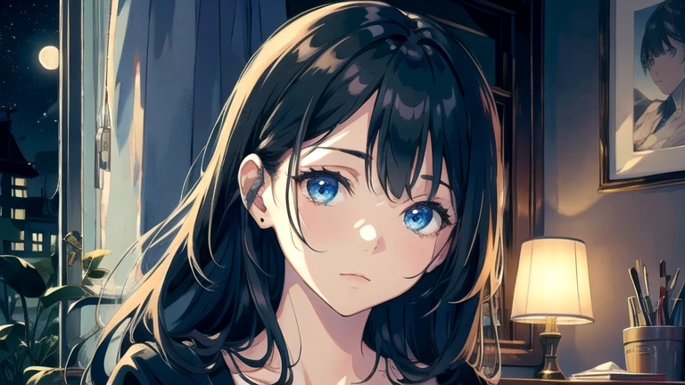 Create an illustration of black hair and blue eyes, sitting in a chair in front of a desk, Sentimental, Introspective look。, The moonlight gently shines into the room, Gently illuminate the space, Curtains sway in the wind, Increase tranquility, Dark mood, Emphasise the theme of loneliness, silence, And the depths of night, The room is dark、dimly lit by the moonlight
