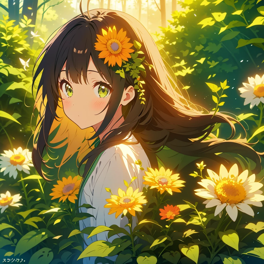 kawaii, anime, Cute, hyper quality, highly detailed, 8k, Clarity, Draw facial expressions in detail, Girl with long dark brown hair and green eyes, aster flower, 