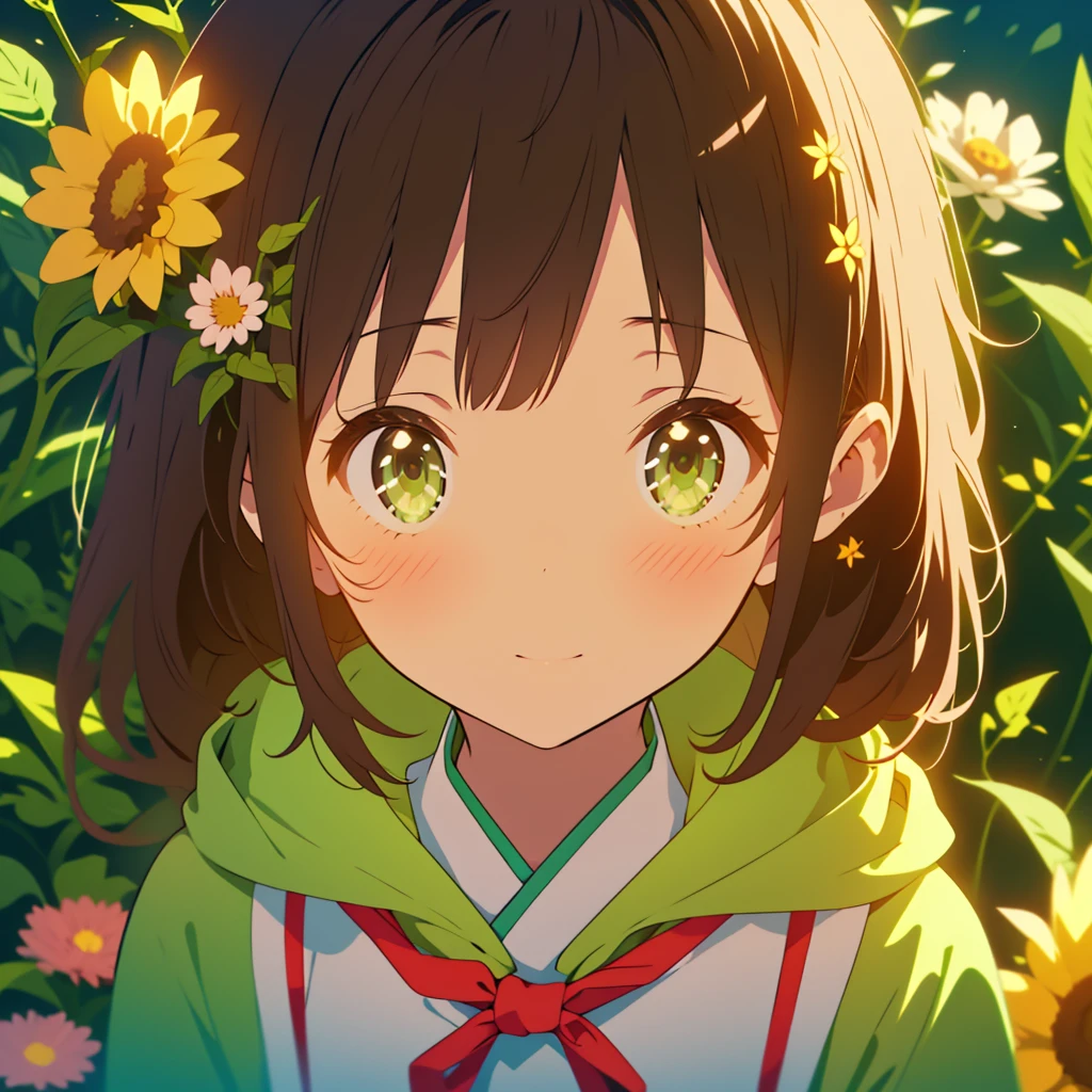 kawaii, anime, Cute, hyper quality, highly detailed, 8k, Clarity, Draw facial expressions in detail, Girl with long dark brown hair and green eyes, aster flower,