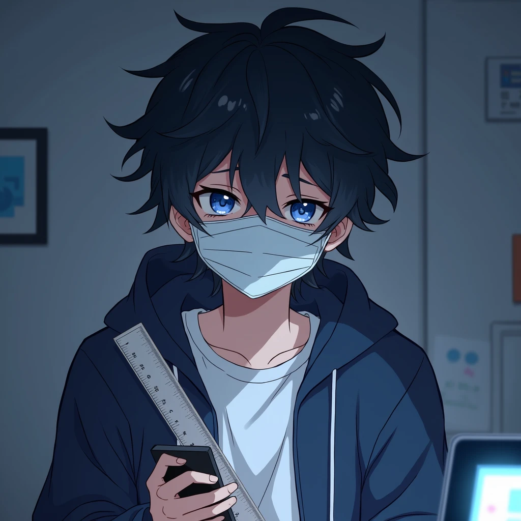 One person,Handsome,Black Hair, blue eyes, White T-shirt,Navy blue jacket,smartphone,computer,mask,anime風,An illustration,Drooping eyes,Illness,night,Streamer asymmetrical hairstyle, seems kind,Confused eyes,maskで鼻を隠す,Droopy eyes,Ruler,internet,Simple Background,cute,anime,Default,Chibi Character