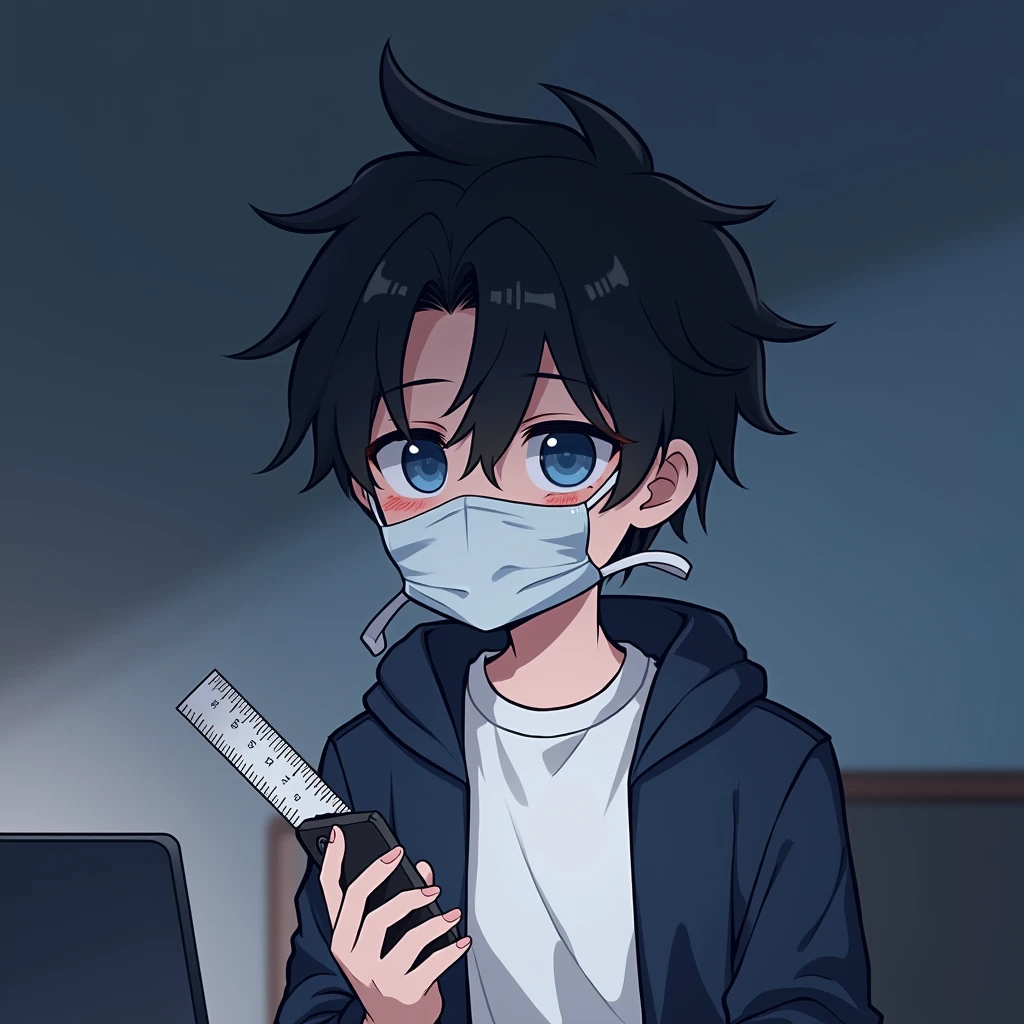 One person,Handsome,Black Hair, blue eyes, White T-shirt,Navy blue jacket,smartphone,computer,mask,anime風,An illustration,Drooping eyes,Illness,night,Streamer asymmetrical hairstyle, seems kind,Confused eyes,maskで鼻を隠す,Droopy eyes,Ruler,internet,Simple Background,cute,anime,Default,Chibi Character