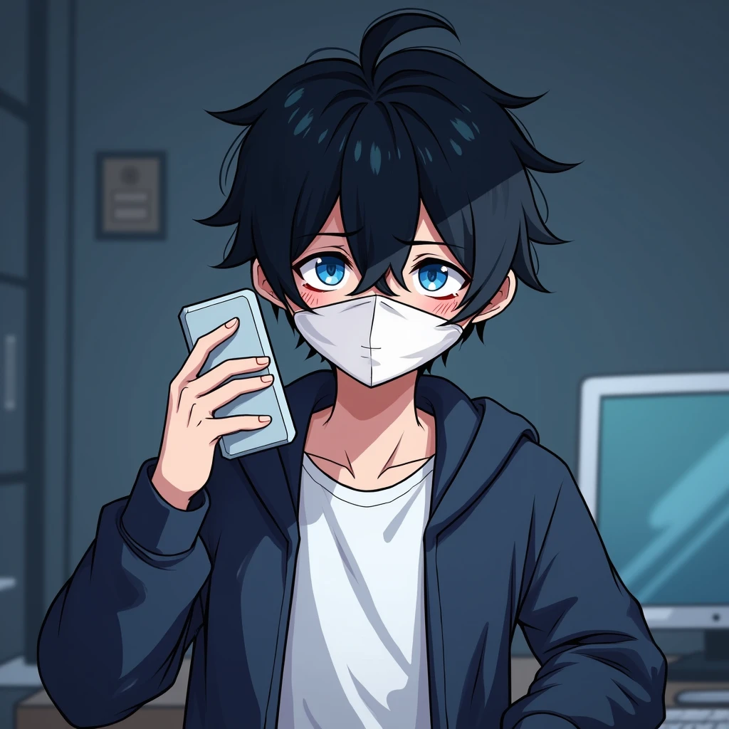 One person,Handsome,Black Hair, blue eyes, White T-shirt,Navy blue jacket,smartphone,computer,mask,anime風,An illustration,Drooping eyes,Illness,night,Streamer asymmetrical hairstyle, seems kind,Confused eyes,maskで鼻を隠す,Droopy eyes,Ruler,internet,Simple Background,cute,anime,Default,Chibi Character