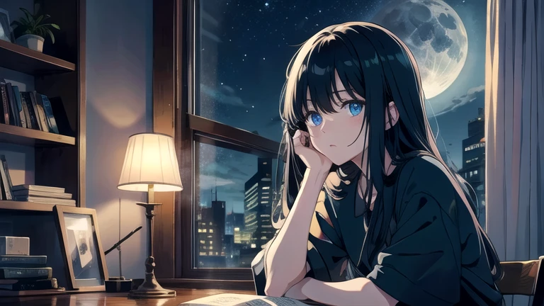 Create an illustration of black hair and blue eyes, sitting in a chair in front of a desk, Sentimental, Introspective look。, The moonlight gently shines into the room, Gently illuminate the space, Curtains sway in the wind, Increase tranquility, Dark mood, Emphasise the theme of loneliness, silence, And the depths of night, The room is dark、dimly lit by the moonlight