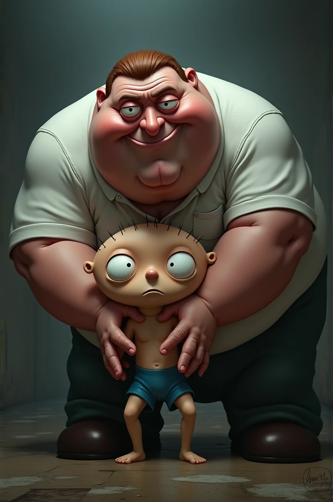 Peter Griffin holding Stewie on the neck