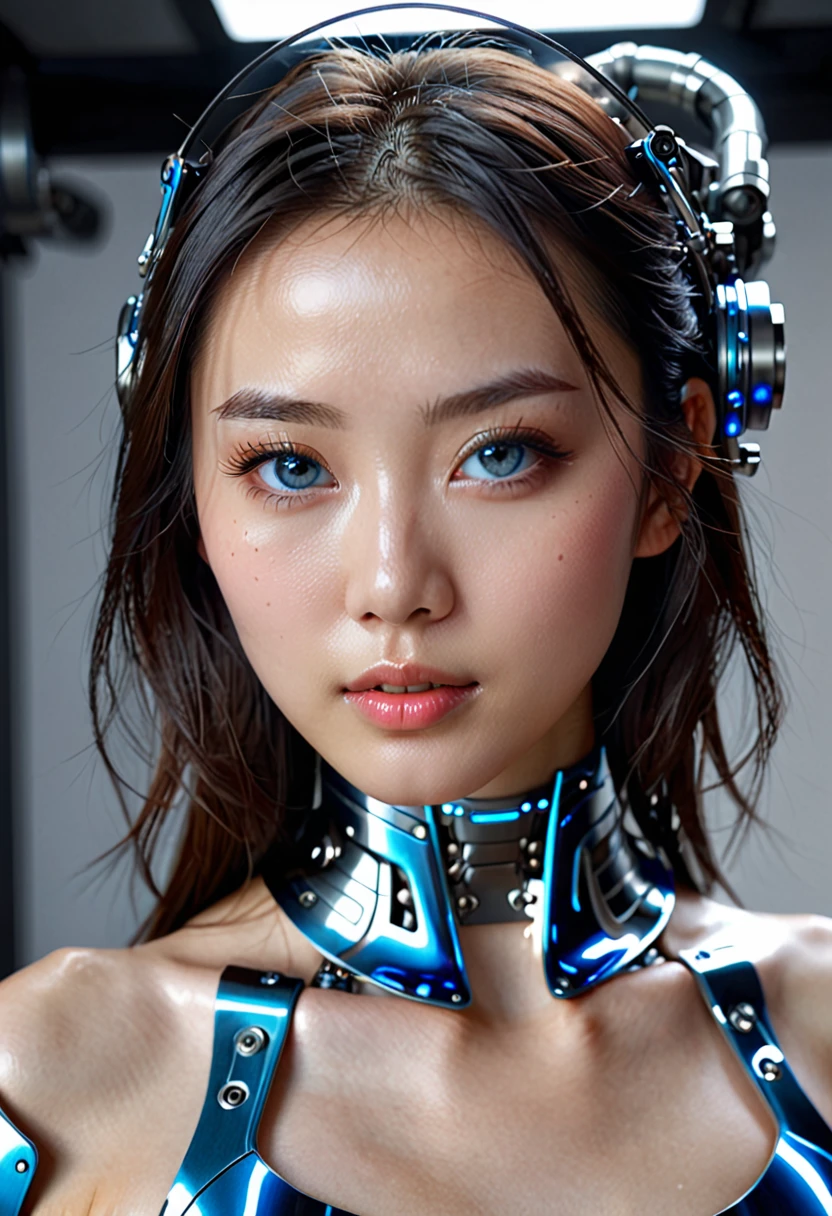 {{best quality, 1080P, masterpiece, ultra high resolution, realistic photo, surrealism, realistic skin texture, extreme skin detail, dslr, detailed eyes, blue eyes, looking at the camera, A very beautiful young face, Simple facial structure, pale skin, realistic skin texture, extreme skin detail, oc rendering reflection texture, Realistic Lights and Shadows, Single photo, alone, Beautiful Chinese Woman Face, The body is slim and well-proportioned.., 20 years old, height 170, naked girl, nude, sexy pose, No underwear, Girl with the body of a mechanical robot., Transparent futuristic black glass machine armor suit, A mechanical cervix is attached to the neck..., flat stomach, A girl with perfect mechanical arms and legs, full body view, full body photo.}}