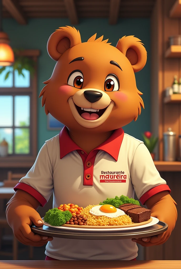 A young bear, forte fitness, With a smile on his face,wearing a polo shirt that says RESTAURANTE MADUREIRA. Body slightly bent forward, holding a tray, with a plate, containing rice, bean, crisp, beef steak, fried egg and salad. It&#39;s in a rustic, woodsy restaurant. アニメ
