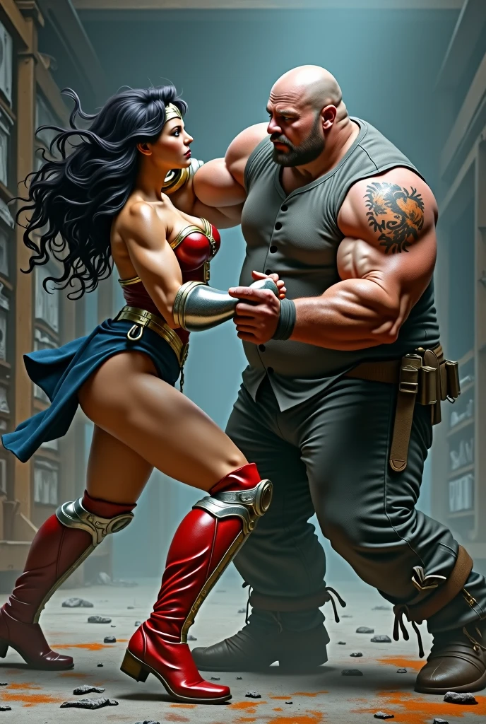 Battle royal between blue eyes, black hair Wonder Woman with ((silver gauntlet:1.2)), ((Red knee high boots:1.2)) and massive fat man in grey suits and bald head. They are punching each other in the warehouse. Wounded all over. They are very sweaty. ((destroyed clothes:1.3)). Torn and tattered costumes and spats, ((clenched fist)). very delicate muscles. Looking at each others. bare shoulders, mature, sexy, elastic muscles, (muscles:1.2), ((strong and healthy body)), long legs, curves, (big breasts:1.2). ((wet with sweat)), concept art, realistic,