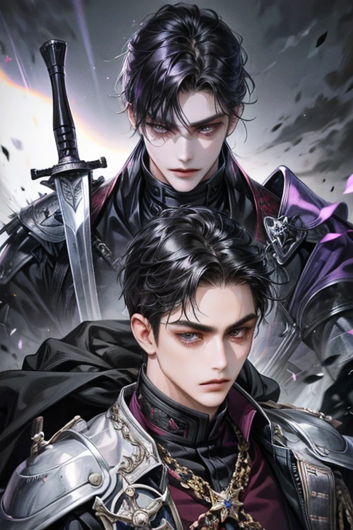 1 man with black hair and purple eyes, with a sword on the battlefield