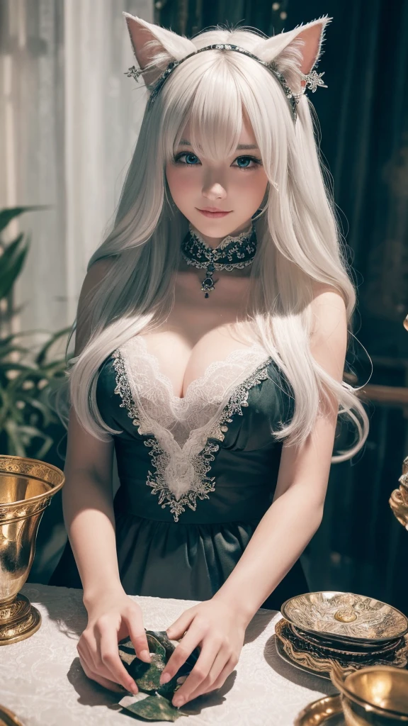 
(masterpiece, highest quality, highest quality, official art, beautiful and aesthetic: 1.2), (one girl: 1.3), wavy long hair, white hair, Cat ears on the head,highly detailed portrait, highly detailed hands, looking at the viewer, alone, (whole body: 0.6), detailed background, close, shining eyes, (cold arctic winter theme: 1.1), fortune teller, Charlatan, grin, Mysterious, sitting at the table, カラフルな肩のないゆるいジプシーfortune tellerの服, holy grail, tarot cards, Crystal jade, Medieval (inner tent: 1.1) background, tent curtain on background, dark Mysterious lighting, Shadow, magical atmosphere, starry night, dutch angle, healing and guidance, transcendental beauty, fractal art, Seaweed,