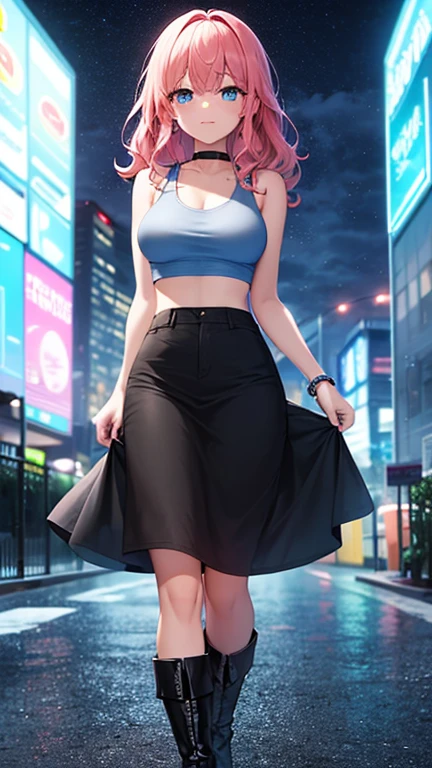 masterpiece, best quality, highres, high detail, beautiful woman, wavy hair, (pink hair), (blue eyes), ((blue tank top crop top and jean jacket)), ((long black skirt)), midi pencil skirt, leather boots, wearing headphones, bracelets, looking at viewer, rainy backdrop, storm, clouds, city alley at night, (night sky), reflective light, blue light, neon lights,
