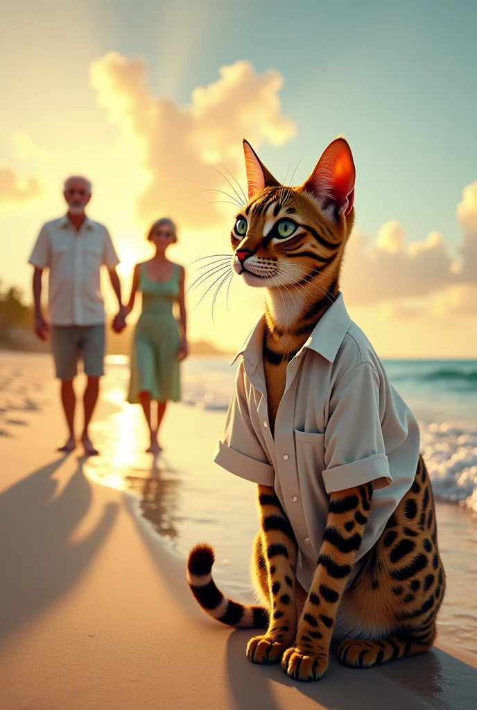 Spotted cat wearing a guayabera on a beach with an old couple