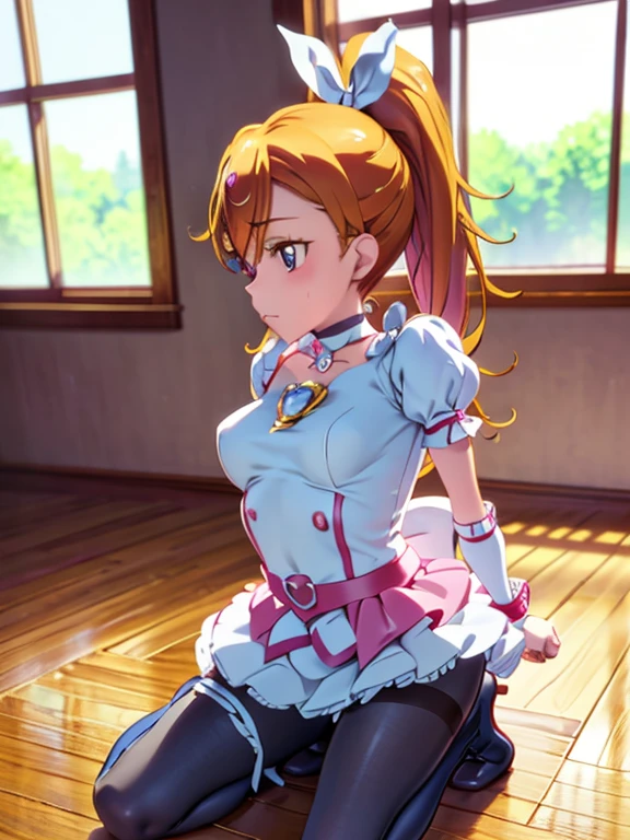 Cure Rhythm、Pretty Cure、Blonde、Long Hair、c cup breasts、Photo from below、(Inside the Jail)、One girl、((Infected Pantyhose))、(boots)、ponytail、(Being restrained)、Kneeling、(Black Pantyhose)、Spread your legs、View from the front