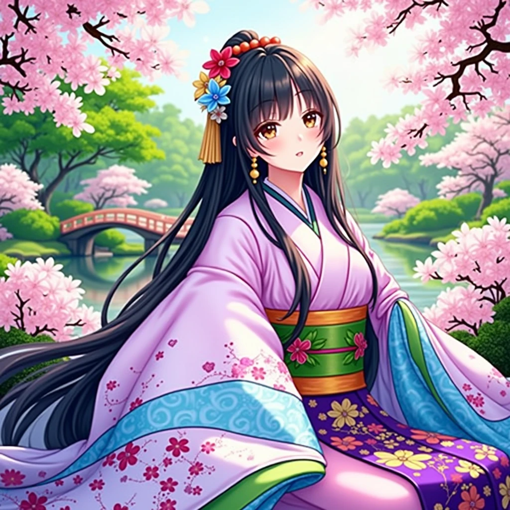 (masterpiece、Highest quality、8k、High resolution)、Traditional Japanese beauty in kimono、The best girl in anime、Floral pattern on white background、Vibrant colors、Japanese garden、There is a pond、Colorful flowers、Vibrant colors、Cherry Blossom、There is a drum bridge、A complete portrayal、Detailed anime art、