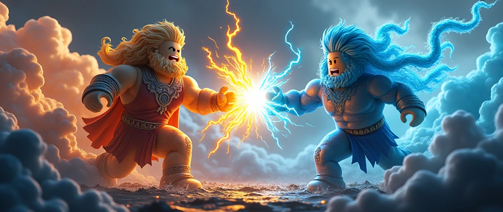 Zeus shooting a lightning bolt in the dark as a roblox character at Poseidon who is also a roblox character poseidon uses his trident on zesu (add text saying Gods Of RNG and make it match the background)