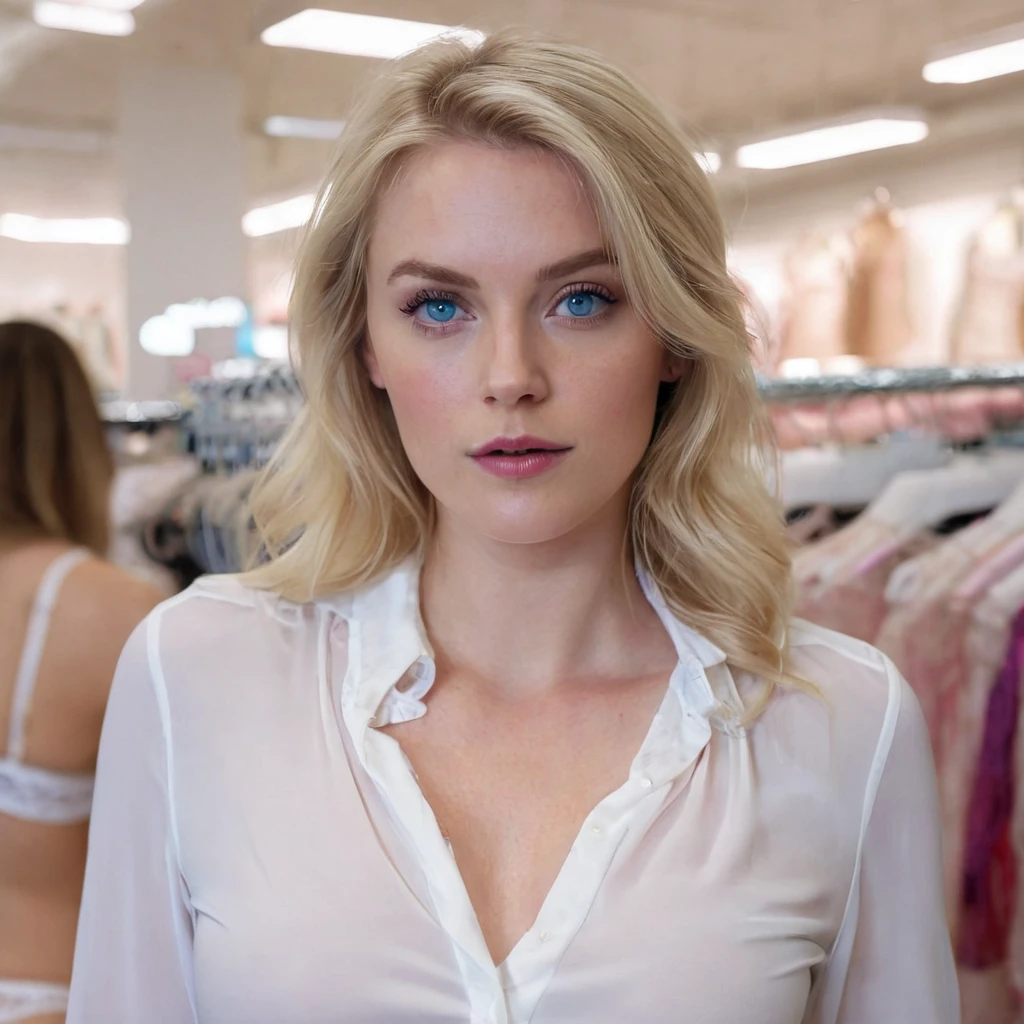 Super realistic close-up of a blonde woman with bright blue eyes, in a retail store with lingerie in the background, wearing a white blouse and looking slightly off-camera