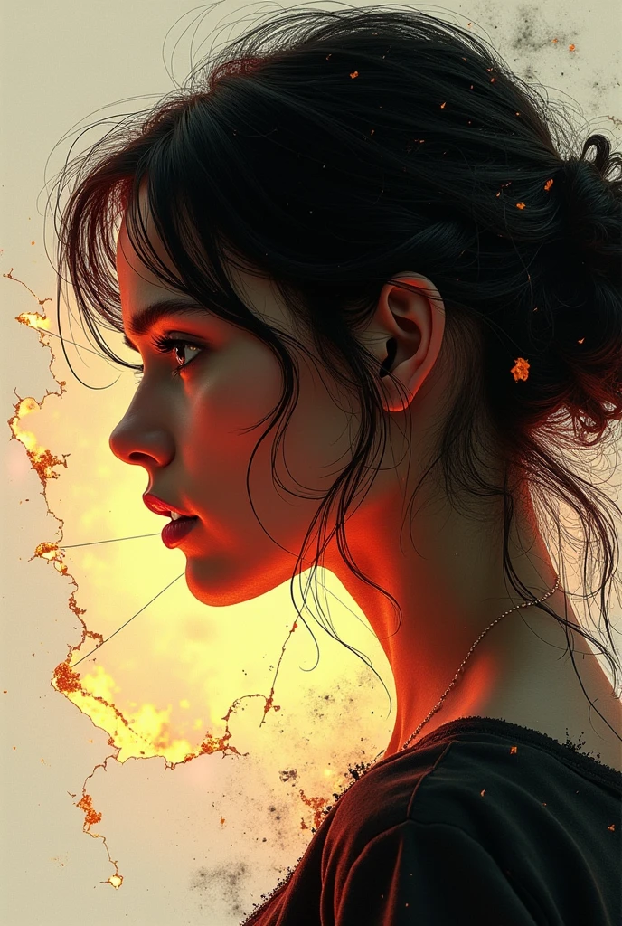 Sketched drawingWoman Side view,sketched look,cinematic,broken Glass overlay,fire Lights effects