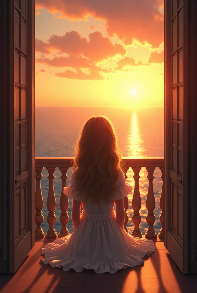 A 14 year old girl with a long curly yellowish hair sitting in the ground back of the balcony of a victorian era watching the sunset in the sea with a white dress she wears facing backwards 