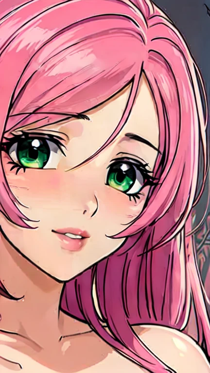 Masterpiece, raw, beautiful art, professional artist, 8k, art style by sciamano240, very detailed face, very detailed hair, 1 woman, perfectly drawn body, beautiful face, long hair, pink hair , very detailed green eyes , rosey cheeks, intricate details in eyes, playful smile, looking directly at viewer , in love with viewer expression, lipstick, nude very close up on face,