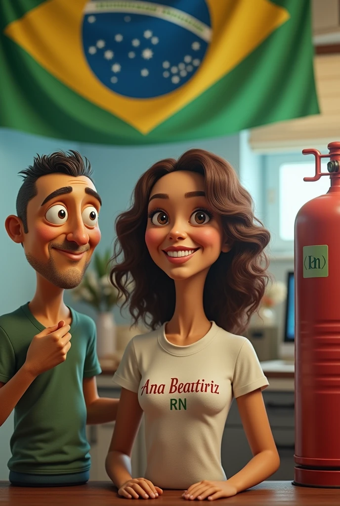 a P13 gas cylinder next to a gallon of clear water sold in Brazil ,both smiling with a banner saying “Brejinho RN” is a white woman with slightly curly hair,long and brown with a blouse that says “ana beatriz” and the mouse light 