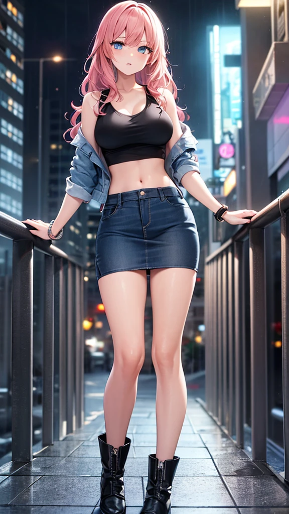 masterpiece, best quality, highres, high detail, beautiful woman, wavy hair, (pink hair), (blue eyes), ((blue tank top crop top and jean jacket)), ((long black skirt)), midi pencil skirt, leather boots, wearing headphones, bracelets, looking at viewer, rainy backdrop, storm, clouds, city alley at night, (night sky), reflective light, blue light, neon lights, 