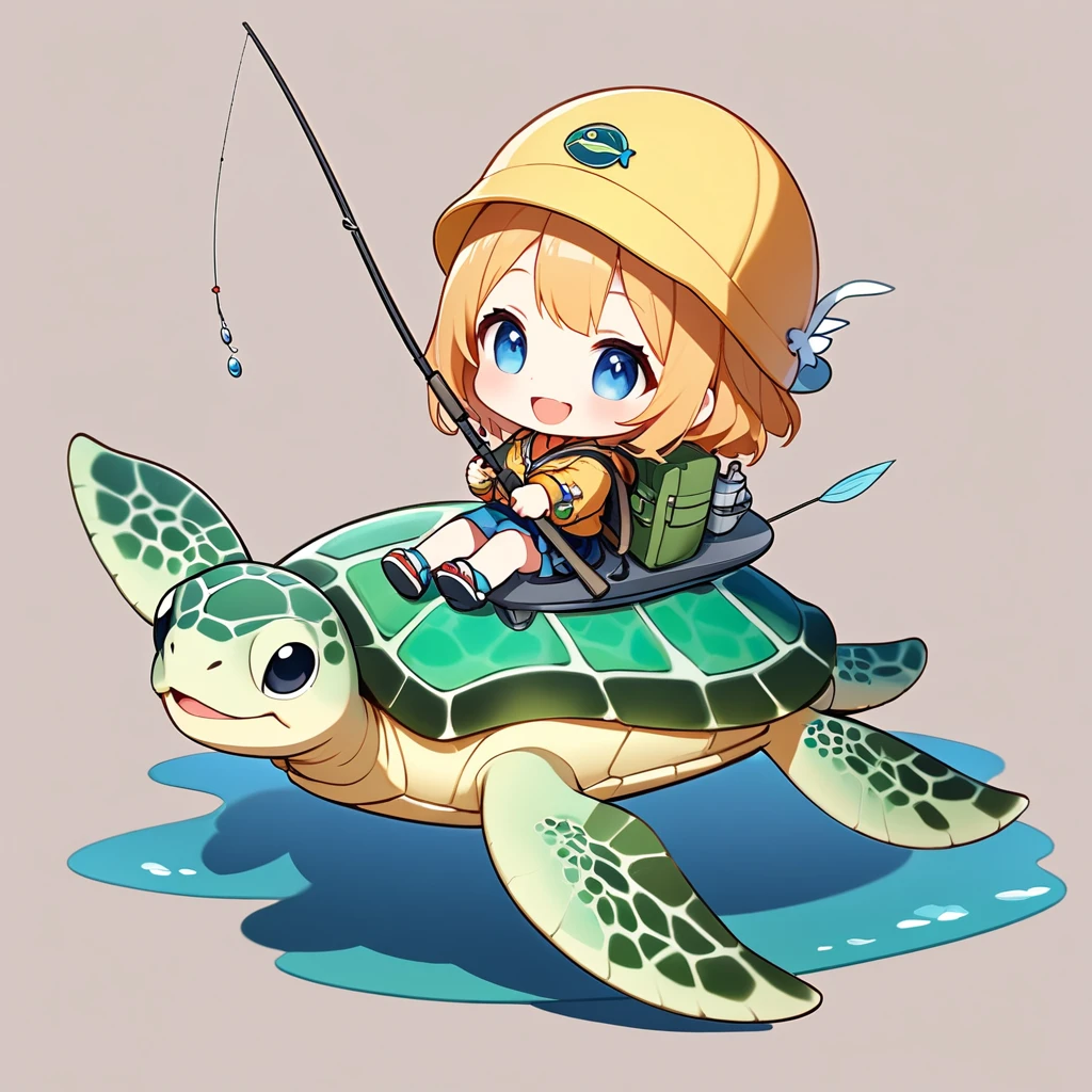 ultra-small deformation, Chibi Cute, 1girl, solo, full body, Fisherman costumet, fishing rod on shoulder, riding on a sea turtle, smile with open mouth, simple background