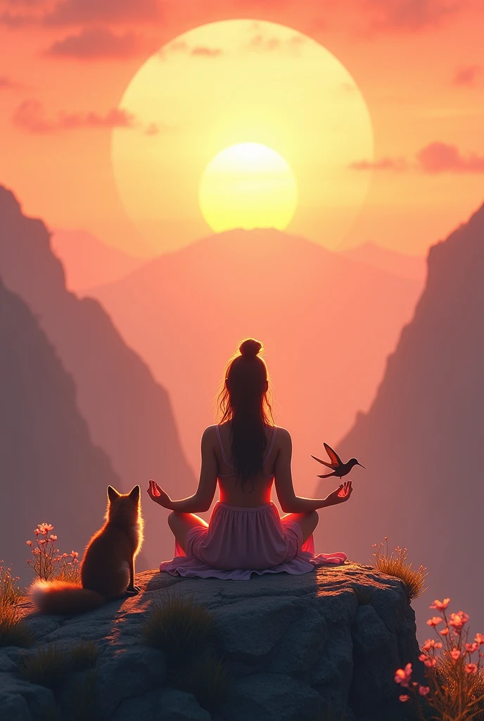 A person meditating on the mountain at golden sunrise, rosado, and warm, She is accompanied by a fox and a hummingbird flying at dawn