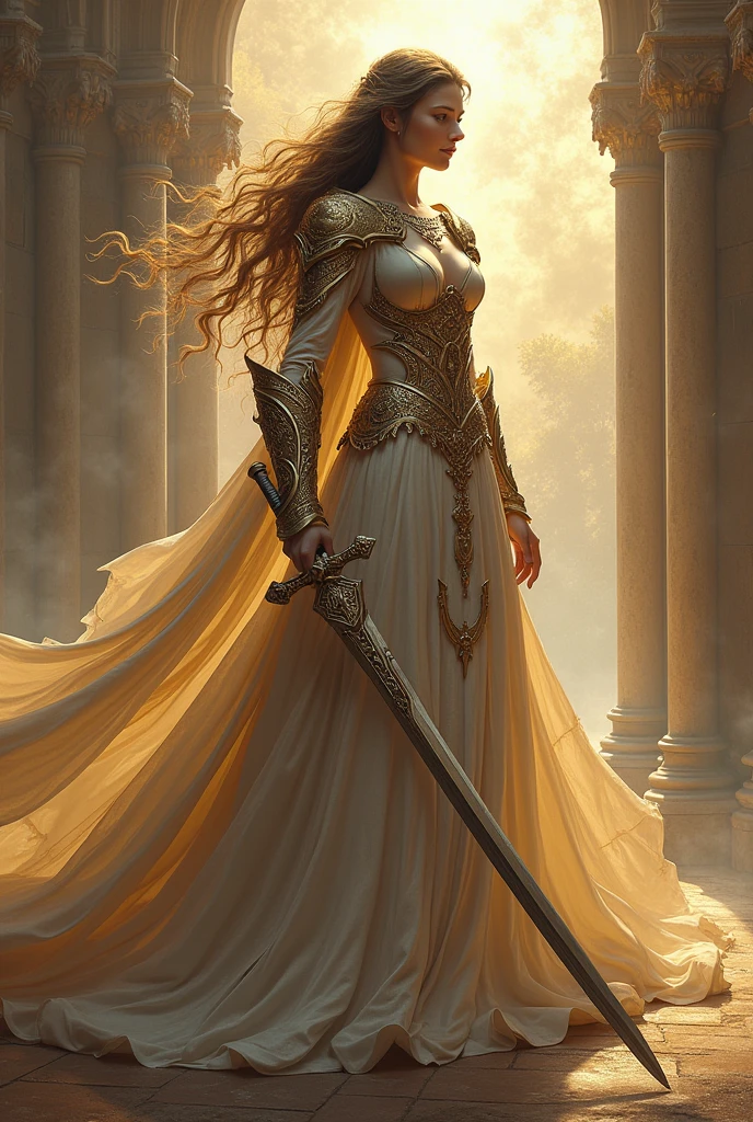 (8k, Highest quality, masterpiece: 1.2), (Realistic, photoRealistic: 1.37), Very detailed, one person's, Paladin with a shining sword, Wide viewing angles, Large, firm, swaying bust, Very delicate depiction, Miniature Painting, Detailed depiction of the face, Detailed depiction of hair, Accurate skeleton, Intricately patterned dress, Complex Armor, Long and thick sword
