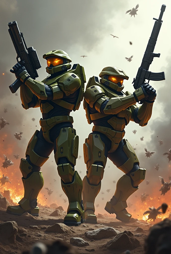 Master Cheif and Doom Guy fighting side by side against army of furry's