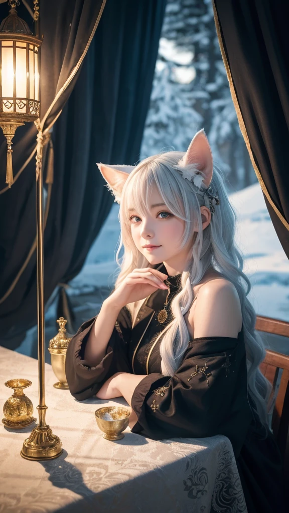 (masterpiece, highest quality, highest quality, official art, beautiful and aesthetic: 1.2), (one girl: 1.3), wavy long hair, white hair, Cat ears on the head,highly detailed portrait, highly detailed hands, looking at the viewer, alone, (whole body: 0.6), detailed background, close, shining eyes, (cold arctic winter theme: 1.1), fortune teller, Charlatan, grin, Mysterious, sitting at the table, カラフルな肩のないゆるいジプシーfortune tellerの服, holy grail, tarot cards, Crystal jade, Medieval (inner tent: 1.1) background, tent curtain on background, dark Mysterious lighting, Shadow, magical atmosphere, starry night, dutch angle, healing and guidance, transcendental beauty, fractal art, Seaweed,