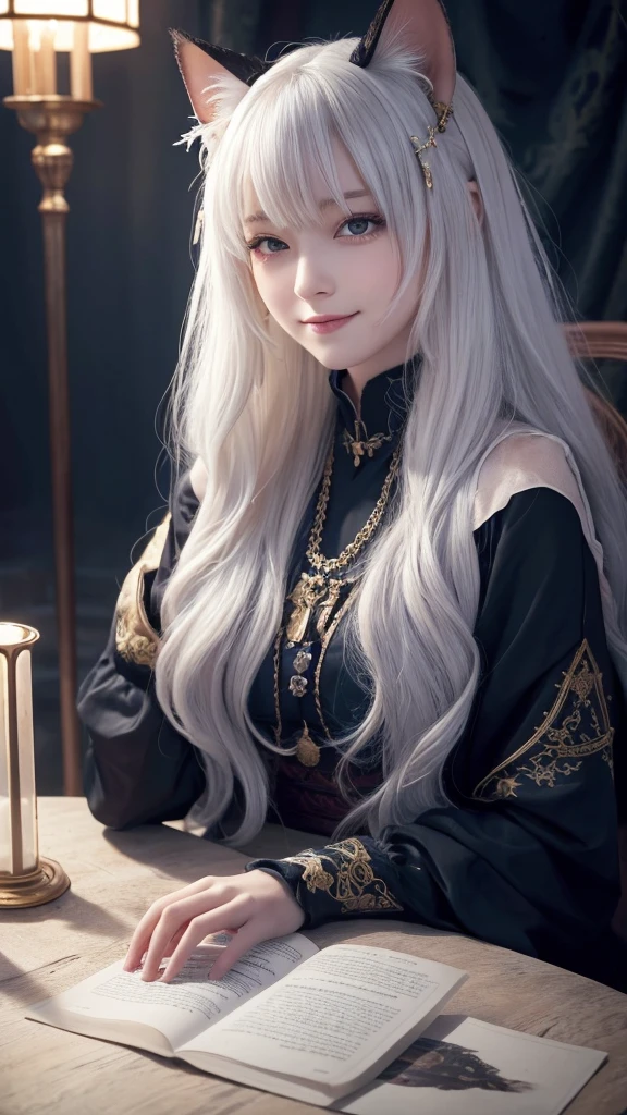 (masterpiece, highest quality, highest quality, official art, beautiful and aesthetic: 1.2), (one girl: 1.3), wavy long hair, white hair, Cat ears on the head,highly detailed portrait, highly detailed hands, looking at the viewer, alone, (whole body: 0.6), detailed background, close, shining eyes, (cold arctic winter theme: 1.1), fortune teller, Charlatan, grin, Mysterious, sitting at the table, カラフルな肩のないゆるいジプシーfortune tellerの服, holy grail, tarot cards, Crystal jade, Medieval (inner tent: 1.1) background, tent curtain on background, dark Mysterious lighting, Shadow, magical atmosphere, starry night, dutch angle, healing and guidance, transcendental beauty, fractal art, Seaweed,