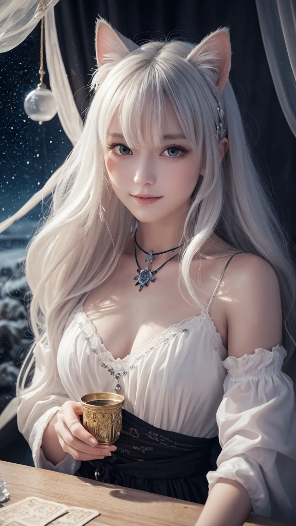 (masterpiece, highest quality, highest quality, official art, beautiful and aesthetic: 1.2), (one girl: 1.3), wavy long hair, white hair, Cat ears on the head,highly detailed portrait, highly detailed hands, looking at the viewer, alone, (whole body: 0.6), detailed background, close, shining eyes, (cold arctic winter theme: 1.1), fortune teller, Charlatan, grin, Mysterious, sitting at the table, カラフルな肩のないゆるいジプシーfortune tellerの服, holy grail, tarot cards, Crystal jade, Medieval (inner tent: 1.1) background, tent curtain on background, dark Mysterious lighting, Shadow, magical atmosphere, starry night, dutch angle, healing and guidance, transcendental beauty, fractal art, Seaweed,