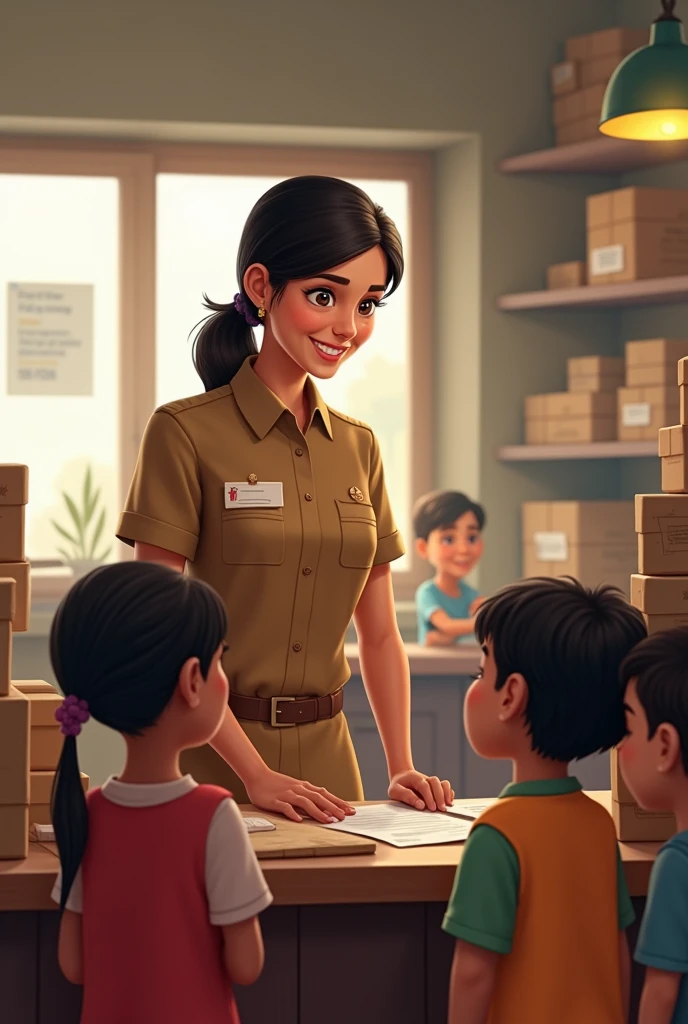 Indian Post office working girl brown uniform with mini kids