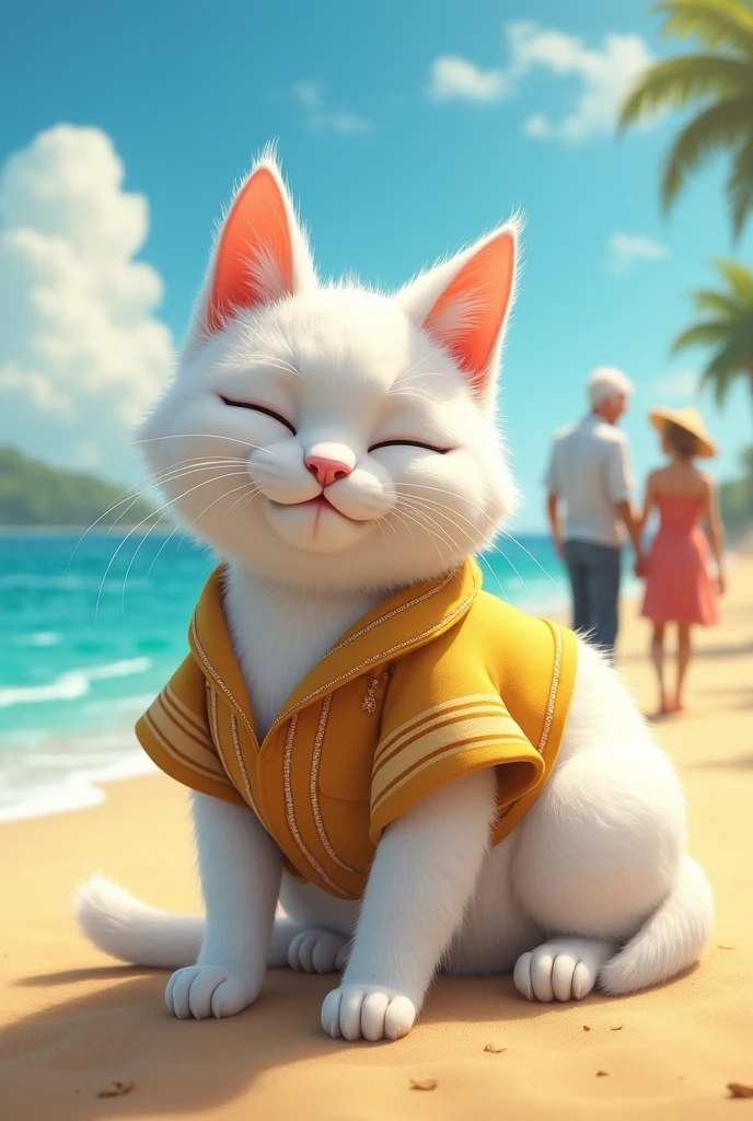 White striped cat wearing a guayabera on a beach with an old couple