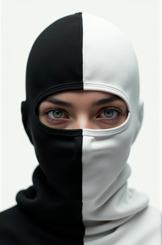 Create a song cover that ONLY shows a balaclava, where you can only see the eyes. The balaclava should be white on the left side and black on the right side.