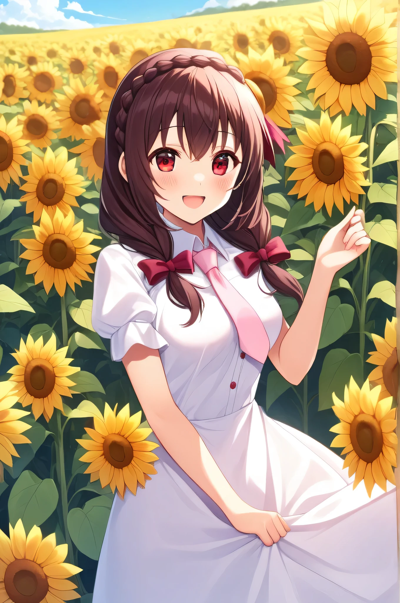 alone, One person, Yunyun, ♥、 (blush:1.5)、Crown braids of the same color as your hair、hair ornaments, Hair Ribbon, Pink tie, White dress, Sunflower field in the background、A very happy look、Standing、He turns around and holds out one hand to the viewer.