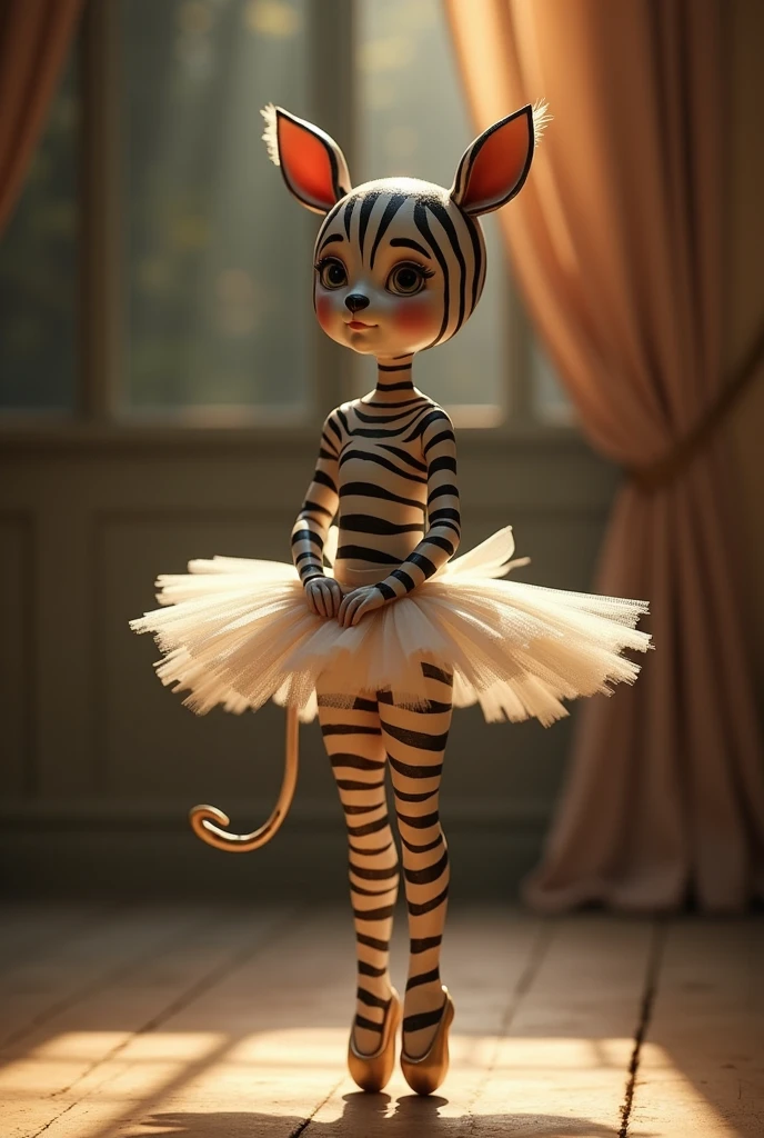 A tutu-clad ballerina resembling a zebra, hair bun, animal ears, Pixar, cinematic lighting, highres