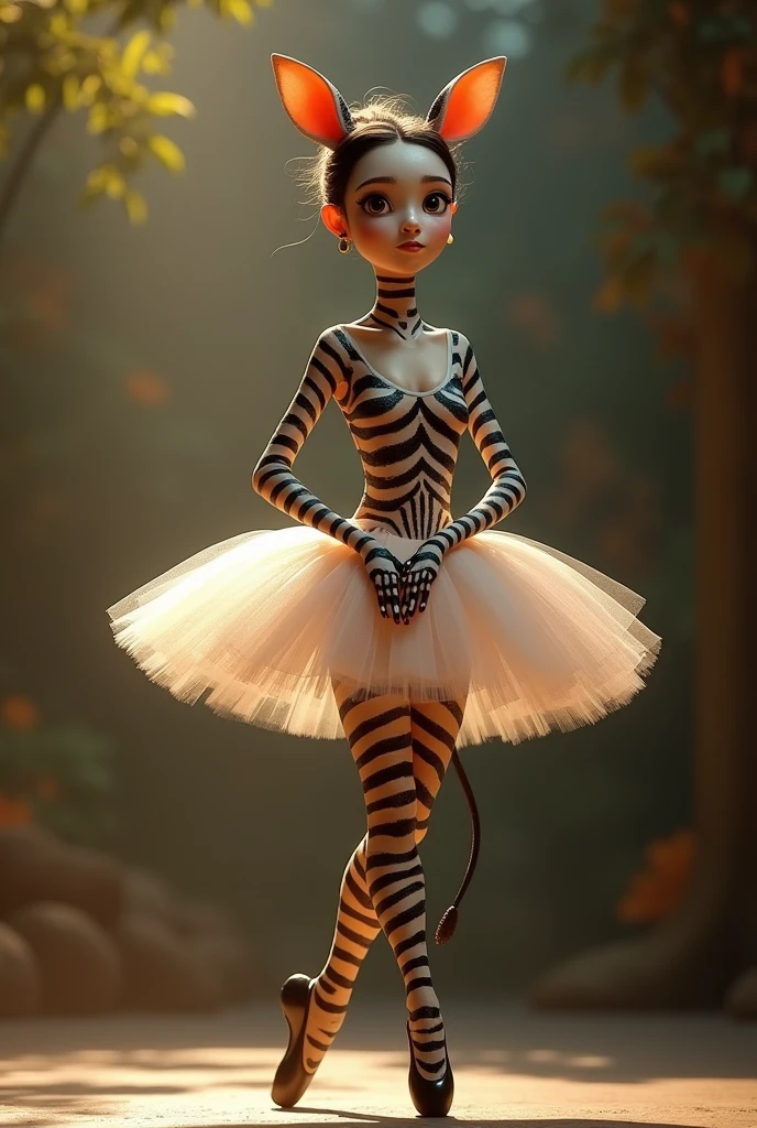 A tutu-clad ballerina resembling a zebra, hair bun, animal ears, Pixar, cinematic lighting, highres