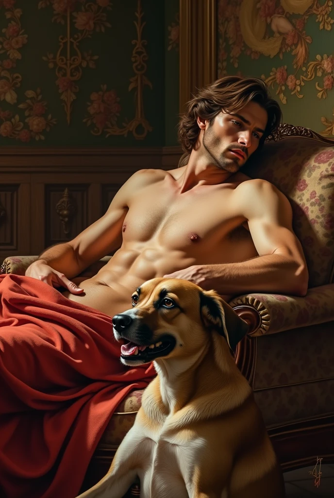 Create a reinterpretation of the painting "Venus of Urbino" by Titian as a man with a dog lying near the half-naked man