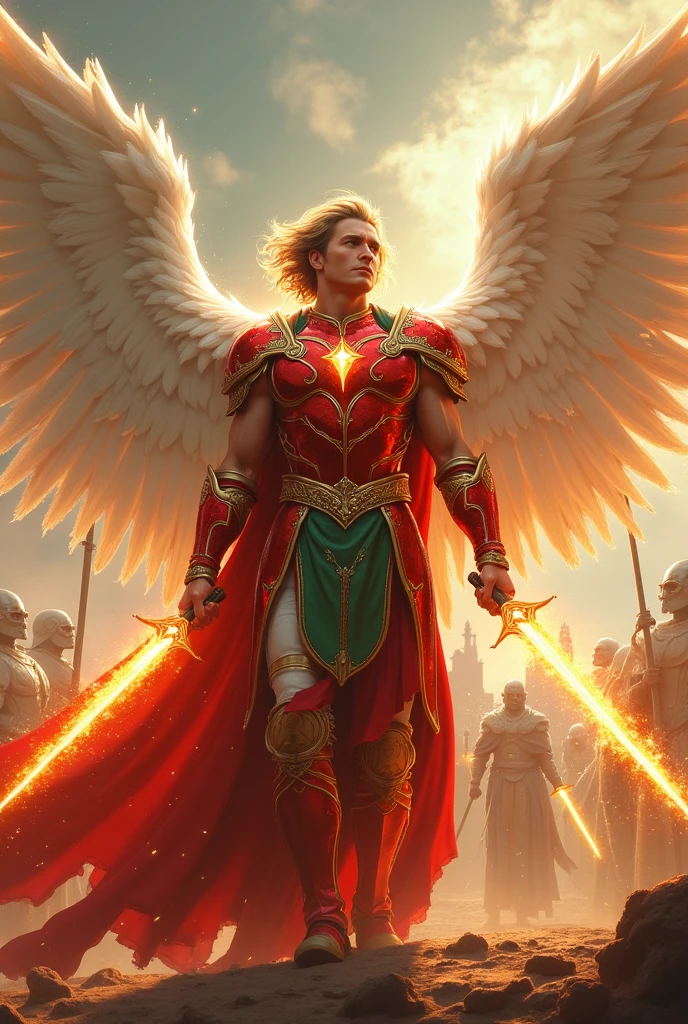 ANGELS WITH MALE HUMAN FACES, WITH SHINING ARMOR OF LIGHT, FLAMING SWORD OF FIRE, RUBY EMERALD RED ARMOUR, green belt, LET'S GO ROX, HUGE WINGS WHITE LIKE SNOW, FULFILLING A WINGING PEOPLE CAMP .