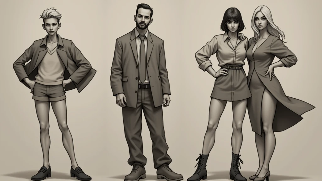 5 unique black and white sketches with different poses and outfits